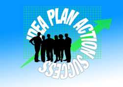 businessmen in silhouette standing inside the words idea, plan, action, success